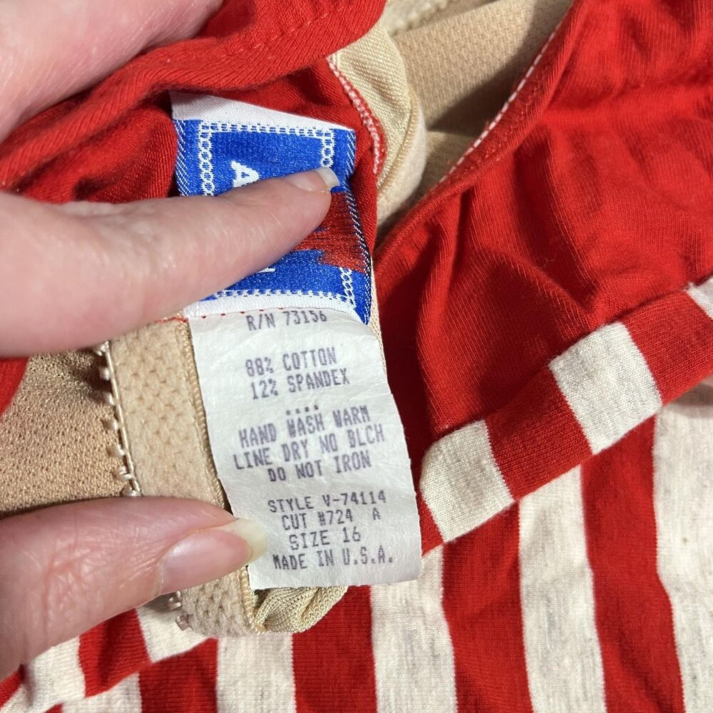 Vintage Via Marina Swimsuit Womens 16 Red Striped Nautical One Piece USA Cotton - Picture 4 of 16
